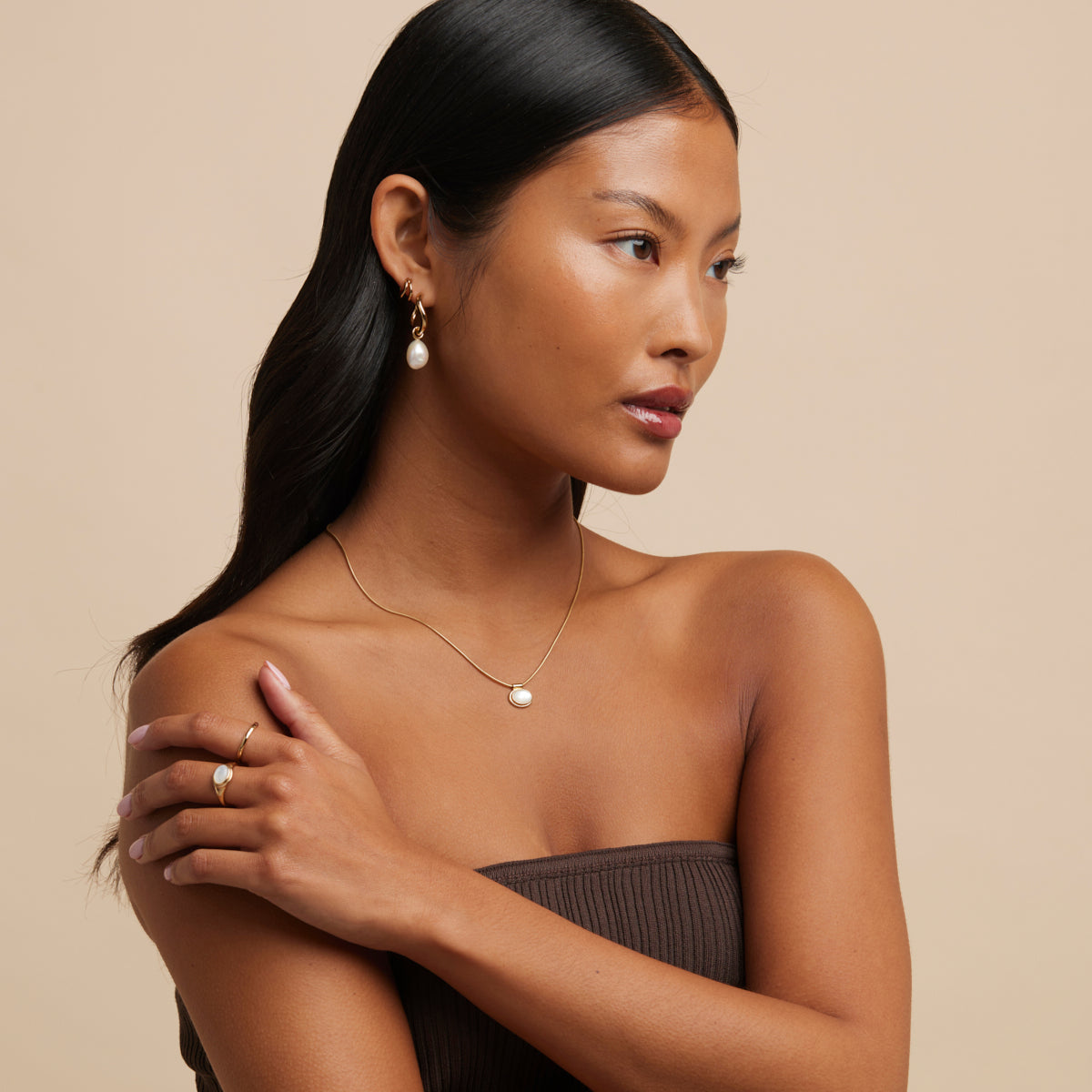 Serenity Pearl Charm Hoops in Gold
