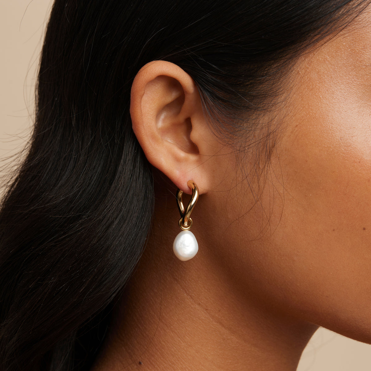 Serenity Pearl Charm Hoops in Gold