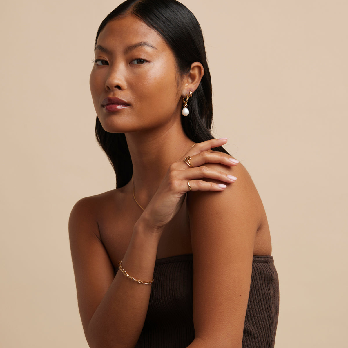Serenity Pearl Charm Hoops in Gold